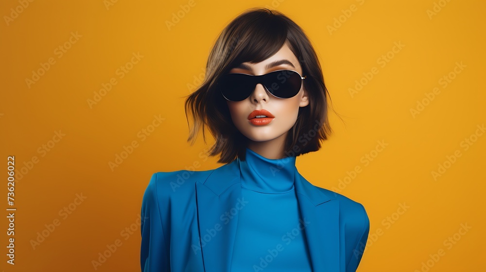 Portrait of a beautiful young woman in blue suit and sunglasses on a yellow background Portrait of a beautiful young woman in blue suit and sunglasses on a yellow background