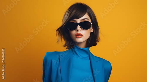 Portrait of a beautiful young woman in blue suit and sunglasses on a yellow background