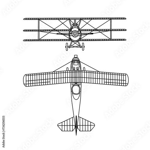 Technical sketch drawing Illustration of 1900's vintage aircraft line art, triplane silhouette with white detail lines, outline vector doodle illustration, front and top view isolated on white