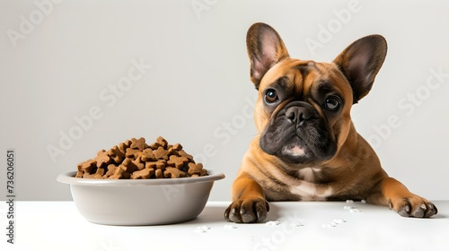 Adorable french bulldog waiting patiently by a bowl of dog food on a plain background. pet care and feeding. AI © Irina Ukrainets