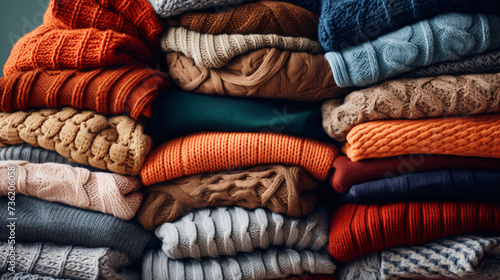 Pile of knitted winter sweaters. Piles of clothes.