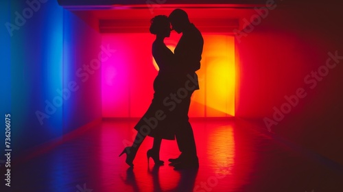 Silhouette of a loving couple dancing in the room illuminated by colored lights