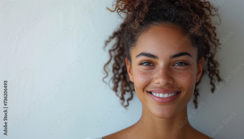 Cheerful dark-skinned girl smiling broadly, rejoicing at her victory in competition among young writers, standing isolated against grey wall background. People, success, youth and happiness concept - obrazy, fototapety, plakaty 