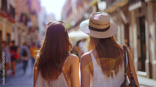 Beauty tourist women walking in city street on summer, travel holiday vacations concept