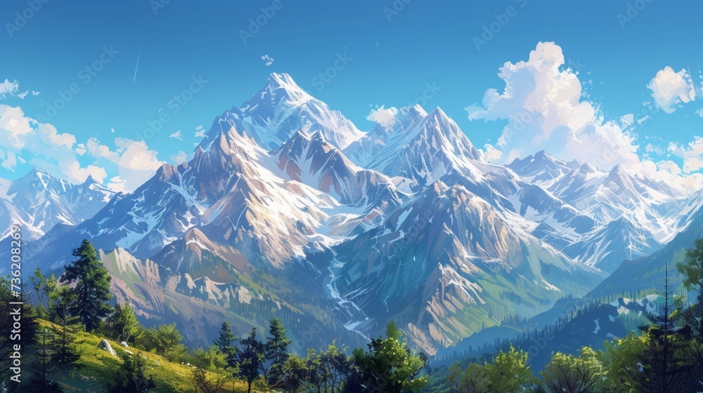 A serene mountain vista, with snow-capped peaks rising majestically against a clear blue sky, offering a breathtaking glimpse of nature's grandeur A serene mountain vista, with snow-capped peaks rising majestically against a clear blue sky, offering a breathtaking glimpse of nature's grandeur