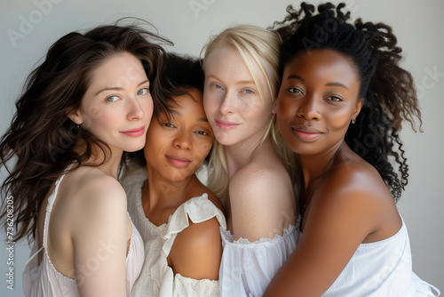 Multiracial Women Embracing Diversity Sharing Hugs and Celebrating Women's Friendship. Females Gathering of Diversity and Inclusion.