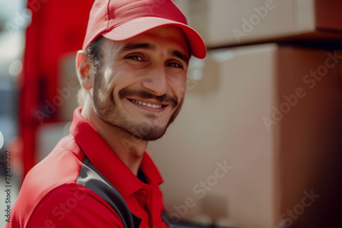 Smiling Delivery Man in Red Uniform on Urban Street with Box in Hand. Courier Logistic or Moving Service, Delivering the Parcel.