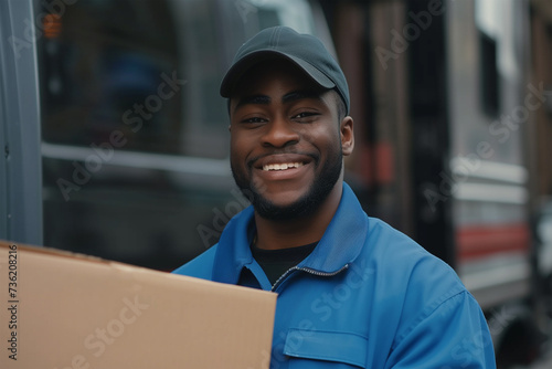 Smiling Delivery Black Man in Blue Uniform on Urban Street with Box in Hand. Courier Logistic or Moving Service, Delivering the Parcel.