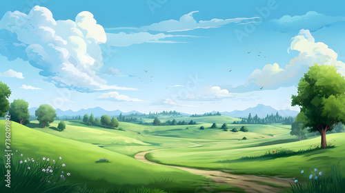 Cartoon nature seamless landscape cloudy bright blue sky with houses,, Beautiful Flowers Meadow Landscape. Flower Field 