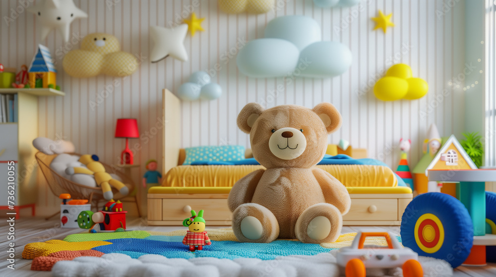 Toys for children, teddy bear on the bed, toys on the floor, fluffy brown teddy bear surrounded by love and joy Toys for children, teddy bear on the bed, toys on the floor, fluffy brown teddy bear surrounded by love and joy