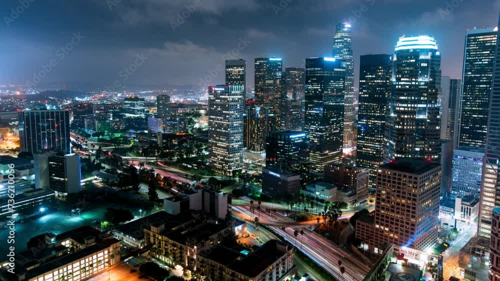 Aerial Time Lapse Lockdown Shot Of Modern Buildings In Illuminated City At Night - Los Angeles, California Aerial Time Lapse Lockdown Shot Of Modern Buildings In Illuminated City At Night - Los Angeles, California