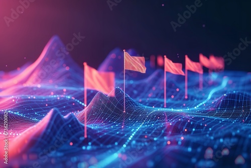 Abstract digital mountain with flags a concept of technological connections, Generative AI. photo
