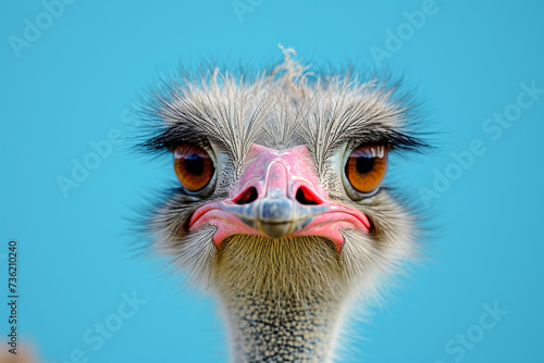 See the front of an ostrich's face up close. Big domestic ostrich looking straight at the camera.
