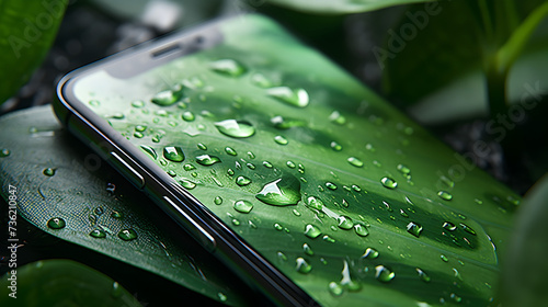 A smartphone with water droplets on the screen,, Water spilled onto the smartphone drops of water on screen mobile