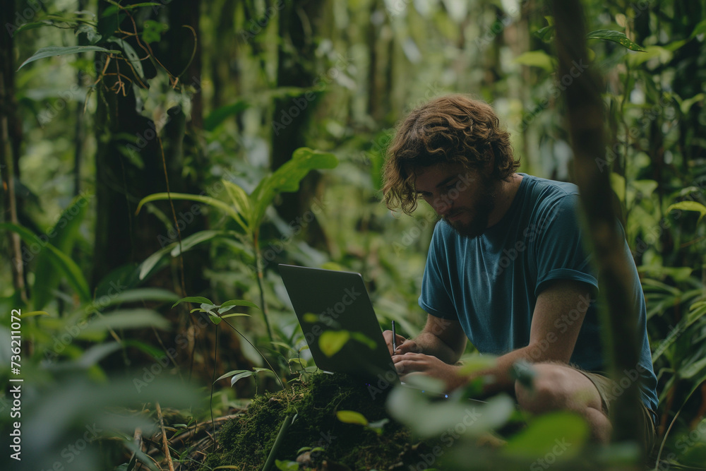 Botanist Man working on a laptop computer in the forest researching nature - obrazy, fototapety, plakaty 