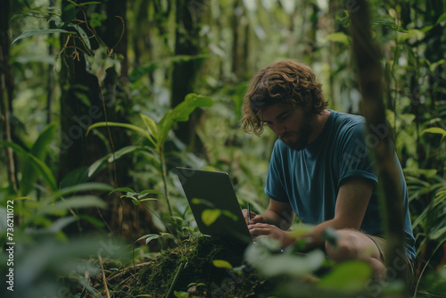 Botanist Man working on a laptop computer in the forest researching nature photo