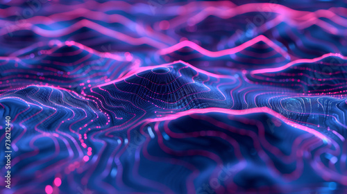 courbe de niveau d'un décor abstrait en relief avec des lignes lumineuses néon bleu et violet. Arrière plan motif futuriste photo