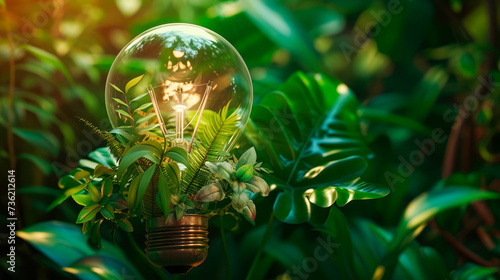 Light bulb with green leaves on tropical forest background. Concept of energy saving.