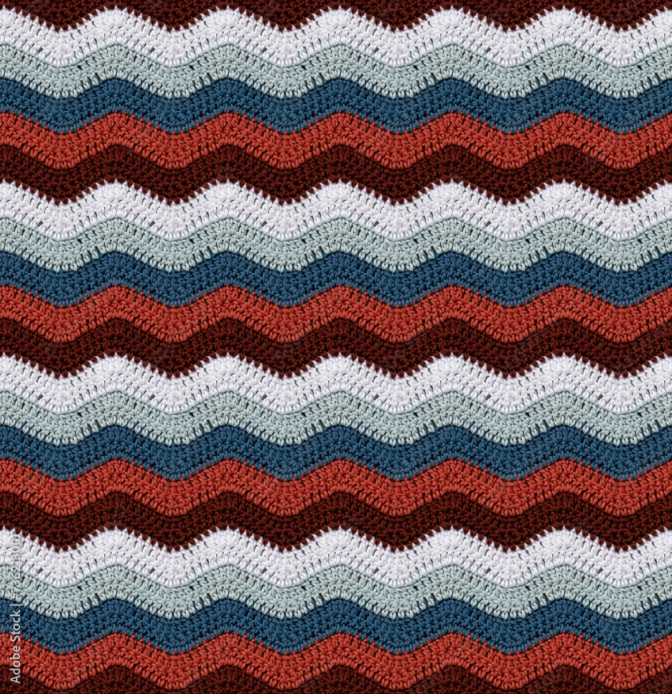 Seamless knitted pattern in the form of zigzags crocheted with threads of contrasting colors. Cotton yarn. African style.