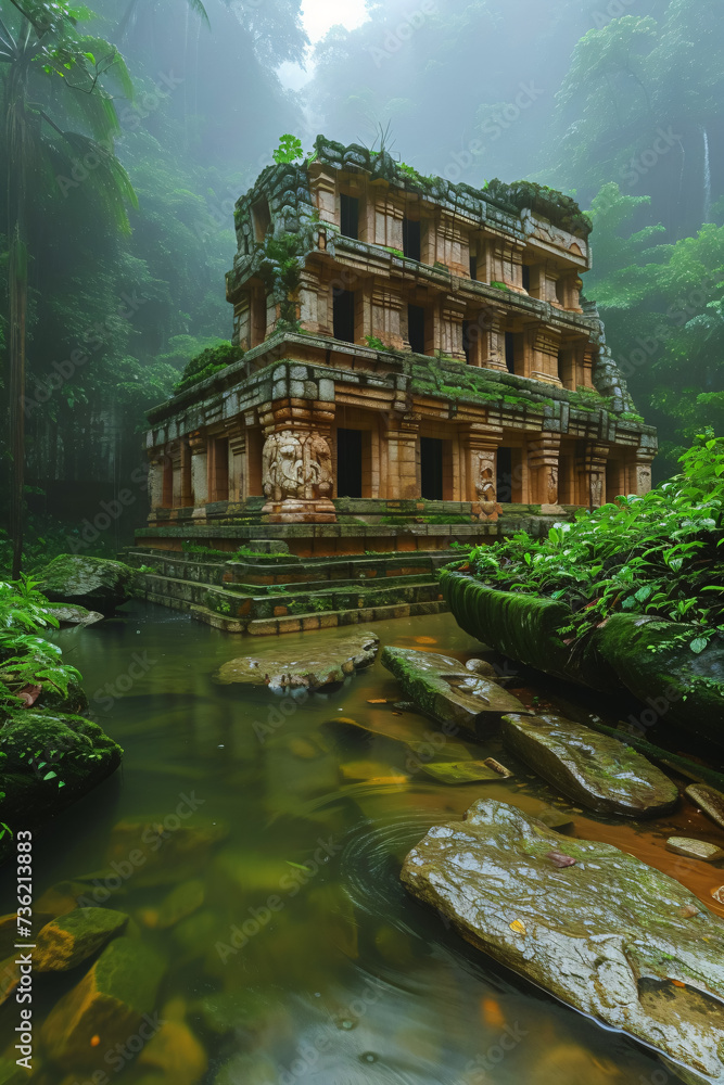 a mysterious temple in the jungle, tropical rainforest river landscape a mysterious temple in the jungle, tropical rainforest river landscape