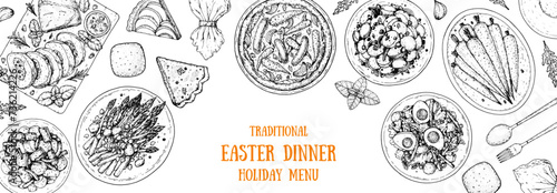 Easter food hand drawn sketch. Vector illustration. Festive table with Easter food. Engraved illustration. Menu set.
