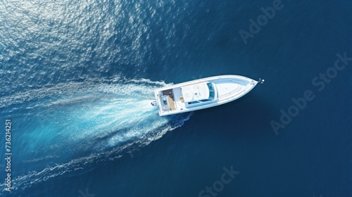 an aerial view of a motorboat on the water