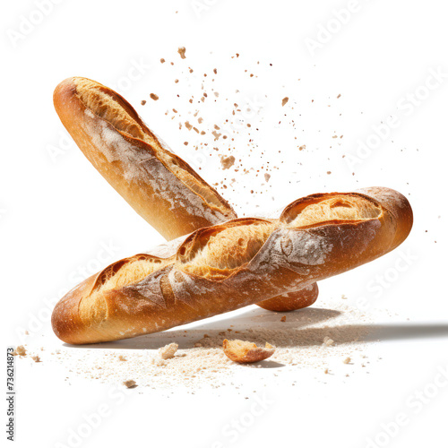 Baguette bread with falling crumbs  isolated on transparent png. photo