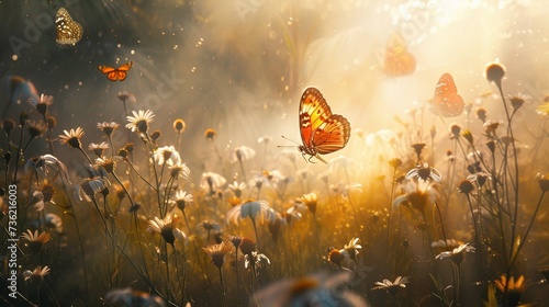 A sunlit meadow alive with the gentle fluttering of butterflies, as they flit from flower to flower in search of nectar