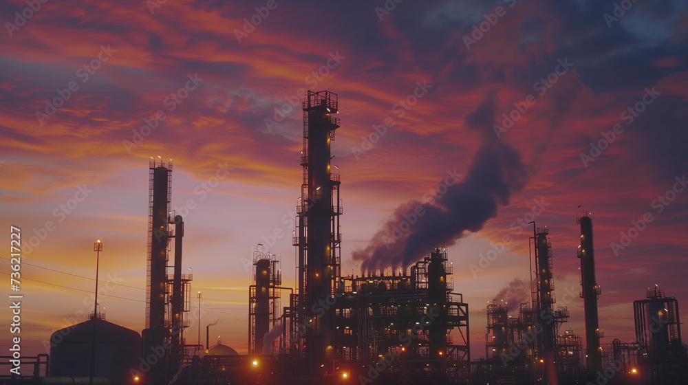 Sunset Refinery: A towering industrial plant emits smoke into the sky amidst the glowing sunset, blending technology with the environment