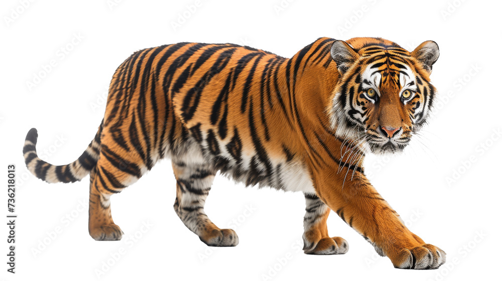 A majestic bengal tiger walks gracefully with its paw raised, exuding confidence and power as it roams the wild