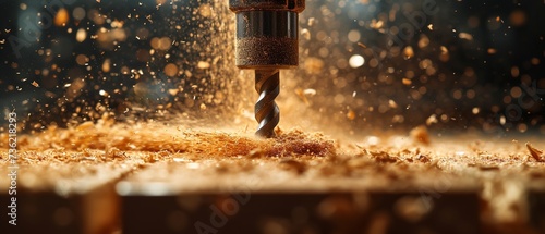 Up close, sawdust blasts from a rotating drill as it drills a hole in a wooden board, Generative AI. photo