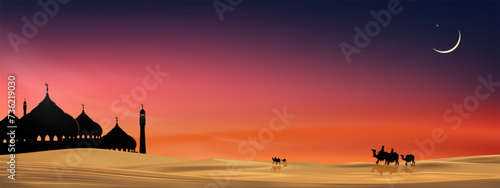 Islamic Background,Arab family with camels walking in desert sand,Dome Mosques,Crescent Moon,Star on Sky,Vetor symbol islamic religion with twilight sky,Eid al Adha,Eid al fitr,Mubarak,Ramadan Kareem