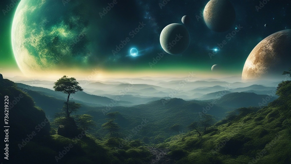 moon over the mountains A dreamy space scene with a blue and green planet and two moons. The planet has oceans, forests, 