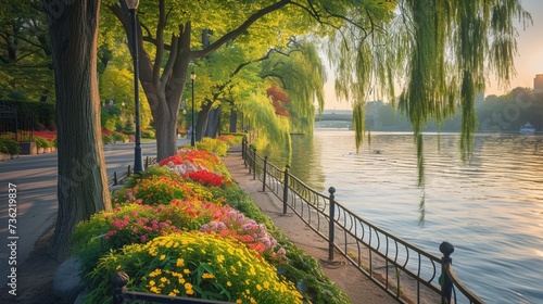A tranquil riverside promenade, lined with ancient willows and colorful flower beds, where the sound of running water provides the soundtrack for an evening jog or a leisurely bike ride along the wind photo