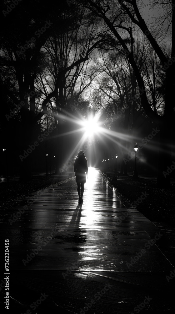 Hope. A solitary figure walks towards a radiant light, symbolizing hope and awakening in a serene, lamp-lit path through a misty park.
