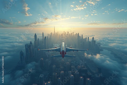 Airplane flying over Dubai skyscrapers