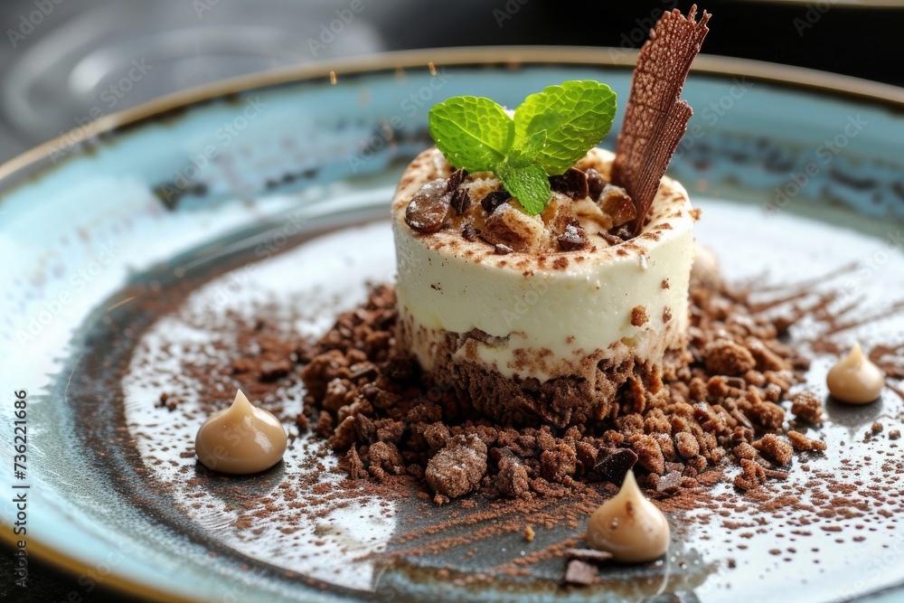 tiramisu dessert with chocolate and mint leaves on a plate in a restaurant tiramisu dessert with chocolate and mint leaves on a plate in a restaurant