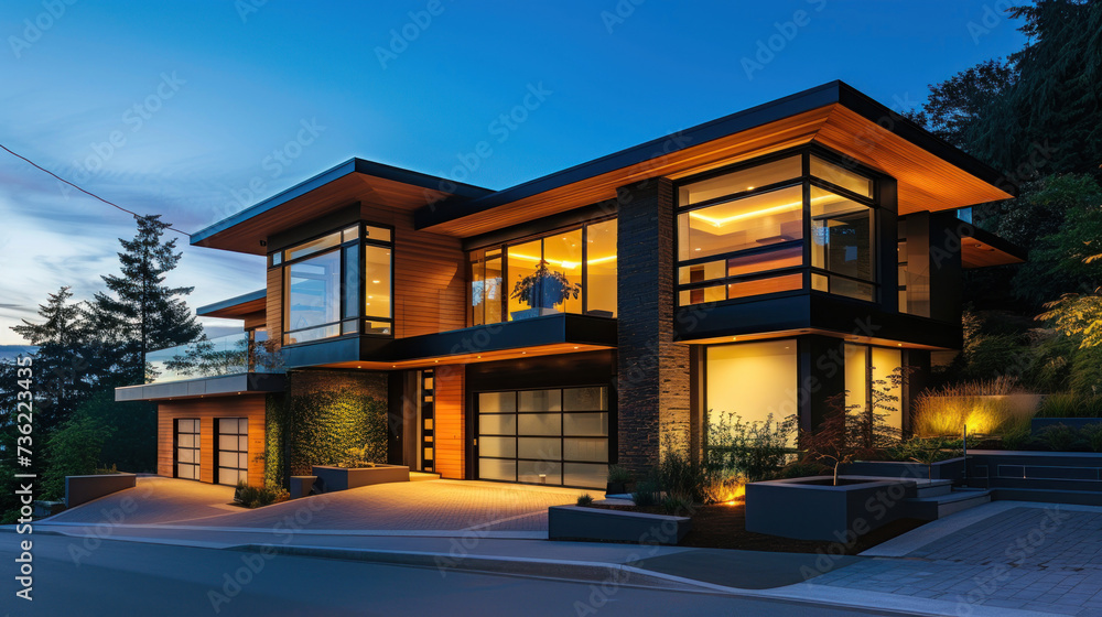 Modern house illuminated at night. Modern house illuminated at night.
