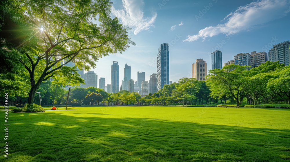 Public park and high-rise buildings cityscape in metropolis city center. Green environment city and downtown business district in panoramic view.