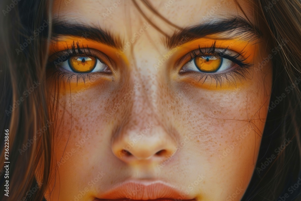 Fototapeta premium portrait of a pretty female with dark hair and yellow orange eyes