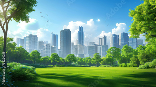 Public park and high-rise buildings cityscape in metropolis city center. Green environment city and downtown business district in panoramic view.