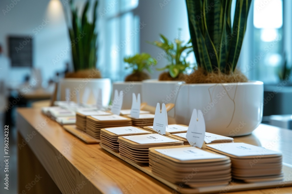 An organized lineup of name tags and personalized packets on a