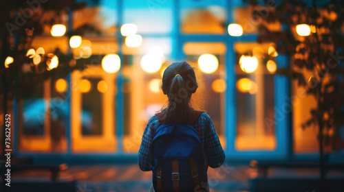 Small girl goes to preparatory school looking at illuminated windows in evening. Nervous preschooler walks to preparatory form for first time in back lit, copy space.