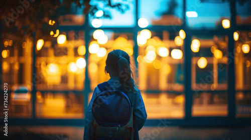 Small girl goes to preparatory school looking at illuminated windows in evening. Nervous preschooler walks to preparatory form for first time in back lit, copy space.