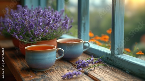 cups of tea and lavender flowers photo
