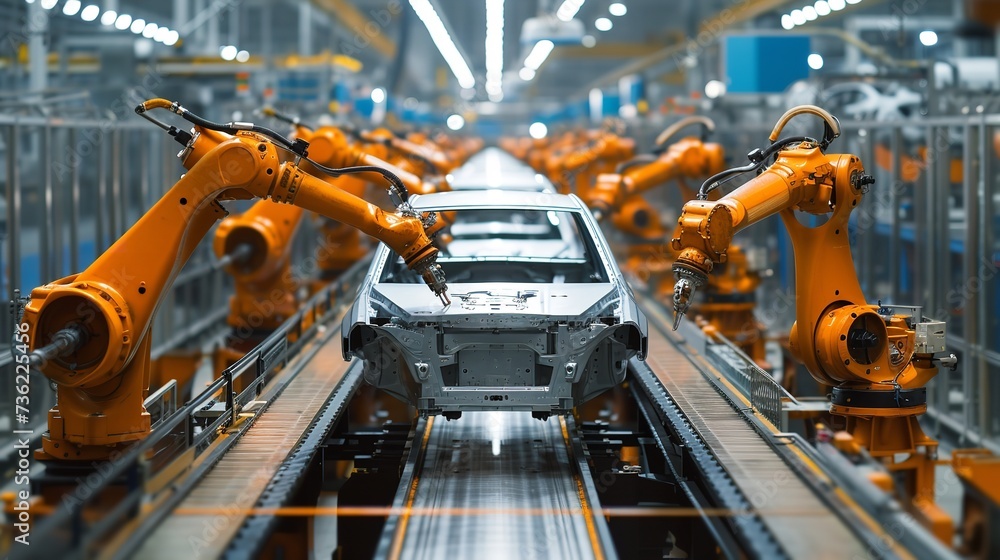 An automated assembly line in an efficient car manufacturing facility and space, Generative AI.