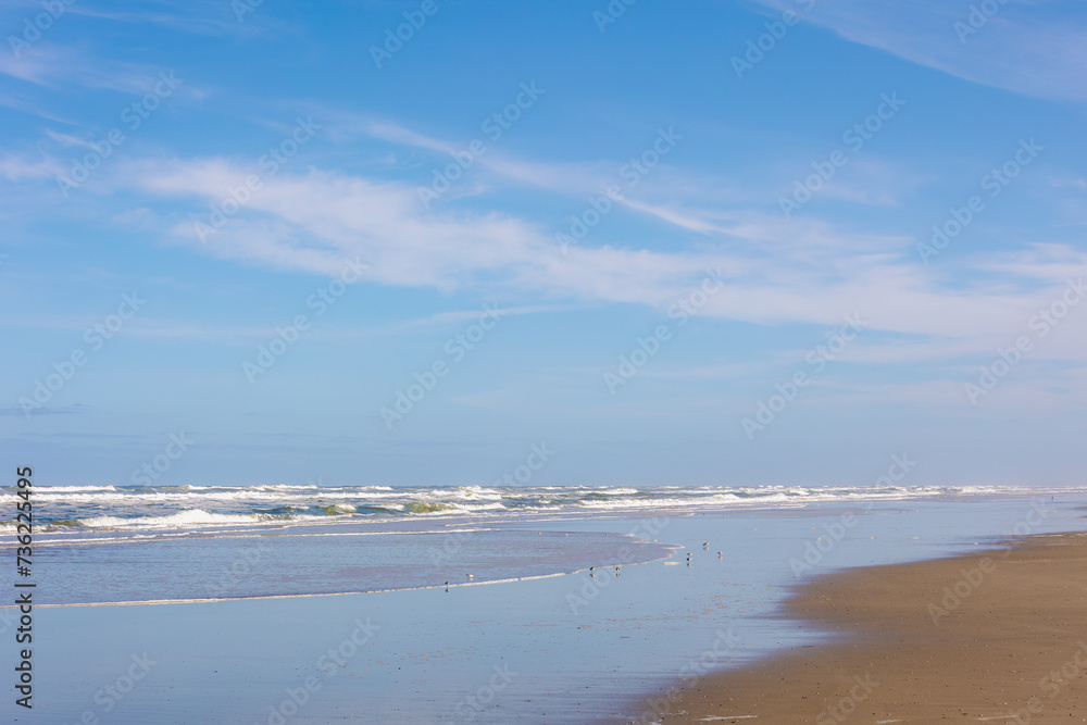 Landscape view of wide and long beach, White sand under blue sky and white puffy could, The Dutch Wadden Sea island Terschelling, A municipality and an island in the northern, Friesland, Netherlands.