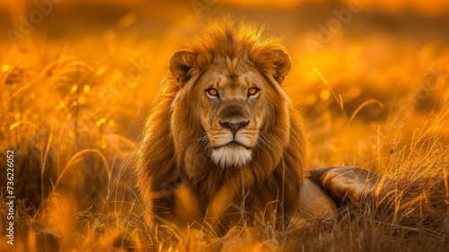 Lion s Gaze in Golden Field - The captivating gaze of a lion amidst the golden hues of the African field