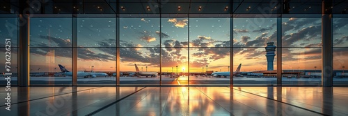 Airplane view from the airport terminal at sunset