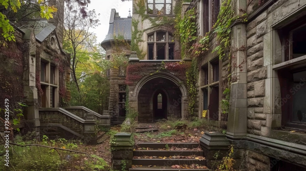 Explore the hidden wonders of an abandoned mansion, where ivy creeps up weathered stone walls and broken windows frame views of overgrown gardens